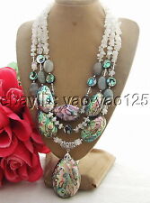 3rows white Moonstone Abalone Shell labradorite Necklace 18"