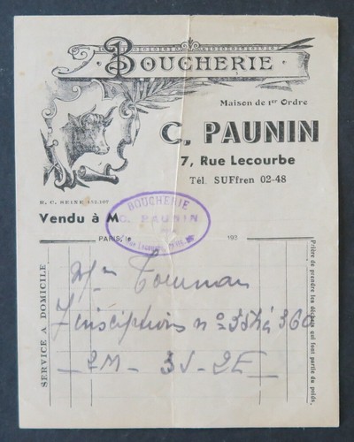 Facture 1936 boucherie paunin - 1936,