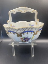 Vintage Porcelain Basket ~ Gold Gilt Trim~Elios Brand~ White Blue Gold Floral