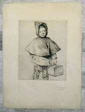 Antique Signed Autographed Eau forte: Young Boy Carrying Bird Cage