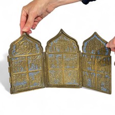 Byzantine Style Bronze Triptych Scenes from the Life of Christ Religion