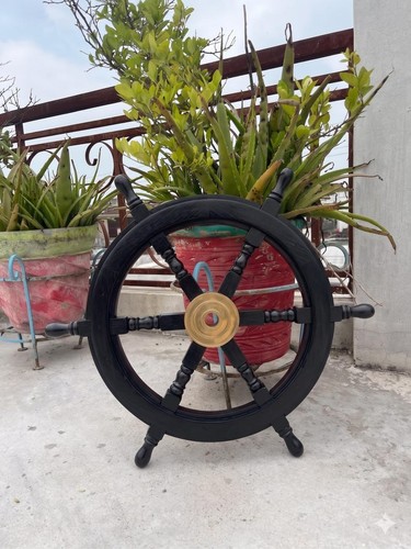 Roue bateau bois noir - roue,