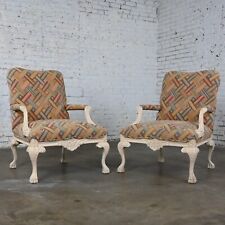 1980’s French Louis XV Style Fauteuil Armchairs Whitewashed Frames Modern Fabric