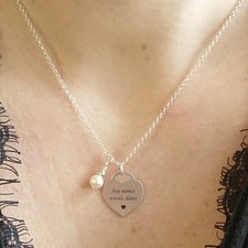 Personnalisé 925 Argent Sterling Collier Coeur & Perle , Tout Gravure, Femme