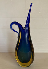 Italy Murano Style Small Blue and Amber Blown Glass Sommerso Vase