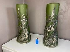 Large green glass vases with torsos ribbed tin flower patterns Art Nouveau
