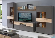 Rangement Mural 320cm Tungstène Gris Planked Chêne Avec Vitrines Base 60411828