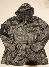 Ladies Pleather Vinyl Black Jacket Zip Up Hooded Approx Size 10/12 Belted Trench