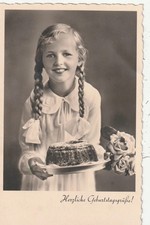 German 1930s Photo Postcard,  BDM Style Pigtail Girl with a Cake
