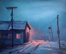 Peinture Acrylique Originale sur Toile –Paysage Brumeuse Urbaine d’Hiver 41x33cm