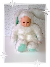 6 - Anne Geddes 40cm White Green Rabbit Doll Dressed in Red Eyes