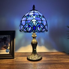 Tiffany Style Mini Table Lamp Blue Stained Glass Baroque Style LED Bulb 8"W*15"H