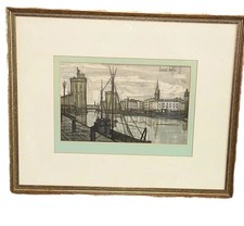 Vintage 1955 Bernard Buffet Lithograph La Rochelle MCM Matted Framed 18.5”x15”