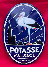 Plaque Émaillée Bombée POTASSE D'ALSACE Cigogne Tête à Gauche Engrais