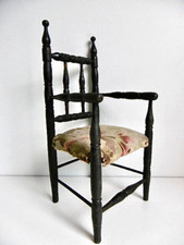 ANTIQUE BLACKENED WOOD NAPOLEON III ERA DOLL CHAIR - ORIGINAL FABRIC
