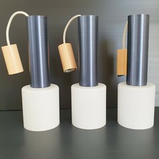 VINTAGE 1960 LITA PENDANT CHANDELIERS SUITE OF 3 OPALINE GLASS & MIDNIGHT BLUE STEEL 