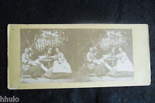 STB049 Group table table garden albumen vintage old photo STEREO amateur