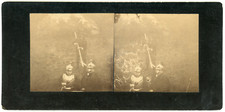 STEREO children dressed as military with helmets, to be identified, circa 1900