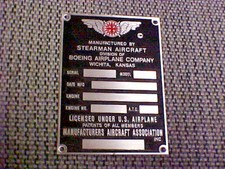 Boeing Stearman Avion Données Plaque 1930s & 1940s Acide Gravé Acier Inoxydable