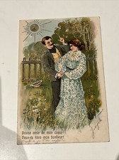 CARTE POSTALE - 1900s carte romantique dorée – amour couple jardin