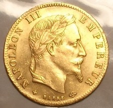 👑 🇨🇵 Pièce de 5 francs or 900‰ Napoléon III * Tête Laurée * 1863 BB 🇨🇵 👑