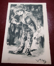 BELLE LITHOGRAPHIE "CLOWN AUX FLEURS" 1935-40 Signée VICTOR VIKO 250 EX.