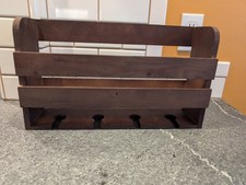 Rustic Wooden Wall Mount Wine Rack with Shelf – Holds 4 Glasses – Dark Stain