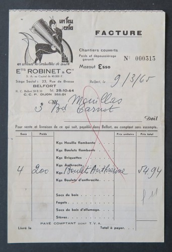 Facture 1965 feu enfer - 1965, un
