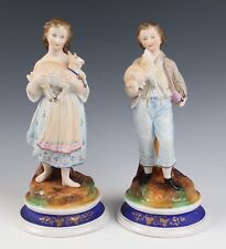 Pair Antique French Bisque Porcelain Figurines Boy Girl Dog Couple Vieux Paris