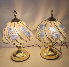 💡 Paire de lampes de chevet tactiles vintage – Verre floral bleu – Pieds dorés