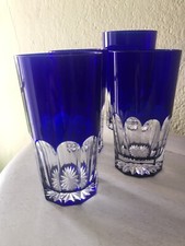 4 GRANDS VERRES À JUS DE FRUITS EN CRISTAL TAILLÉ DE COULEUR BLEUE 