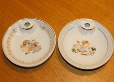 2 ASSIETTE CHAUFFANTE à bouillie bébé en PORCELAINE VERITABLE 4399 chien notes