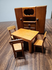 Dollhouse Miniature Wood Armoire Buffet Table, 3 Chairs Vintage Hutch 7" X 8" 
