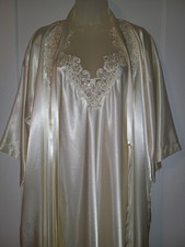 Vintage California Dynasty White Satin Sequins Bridal Nightgown Peignoir Set M/L