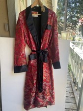 Vintage 60s Oriental Brand Asian Red Satin Brocade Smoking Robe with Belt Sz 48