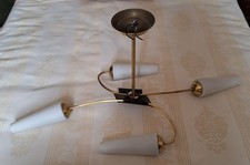 Ancien Lustre à Suspendre Suspension 4 Bras Laiton et Opaline Années 50/60