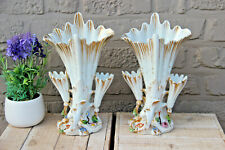 PAIR Antique vieux paris porcelain pique fleur cornet Vases relief flower decor 