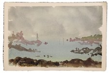 Watercolor painting on paper Georges Briot (1934) Navy boat grey sky (GB5)