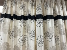 Pair of double curtains old stylized black and white flowers L 180 H 255 cm