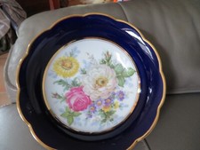 Limoges Porcelain Hollow Dish in Oven Blue and Gold Border Flower Decor