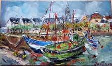 PORT DE PECHE BRETON CROISIC TABLEAU PEINTURE  PARIS SIGNE JUMEAUX JEAN PIERRE