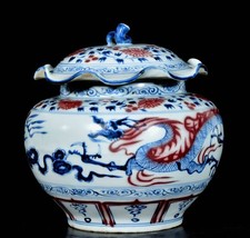 7.6" Vieux Bleu Blanc Rouge Glaze Porcelain Dragon Phoenix Pot Jar Crock