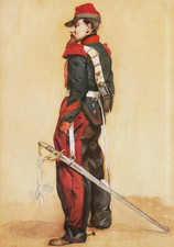 Trois aquarelle dessin portrait soldat militaire uniforme Second Empire Napoélon