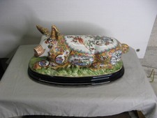 Rare Large Pig on Ceramic Base Canton China Type Signed Character
