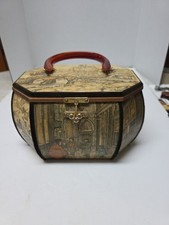 Vintage Anton Pieck Wooden Decoupage Octagon Box Purse w/ Lucite Handle 9.5"×6"
