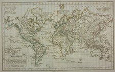 ANTIQUE MAP - WORLD MAP ACCORDING TO THE FIGURE OF MEN - VAUGONDY ENGRAVING NINETEENTH CENTURY