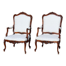 Antique French White Upholstered Walnut Armchairs | 19th Century Hand-Carved