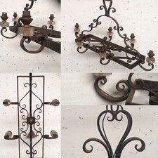 lustre rustique fonte de fer model six de lumière coupelles verre . XX siècle