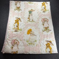 Vintage Holly Hobbie Quilt Blanket 42x56 American Greetings Pink Parasol