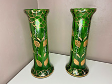 Pair of Montjoye vases in green tinted glass embellished with Art Nouveau gilding